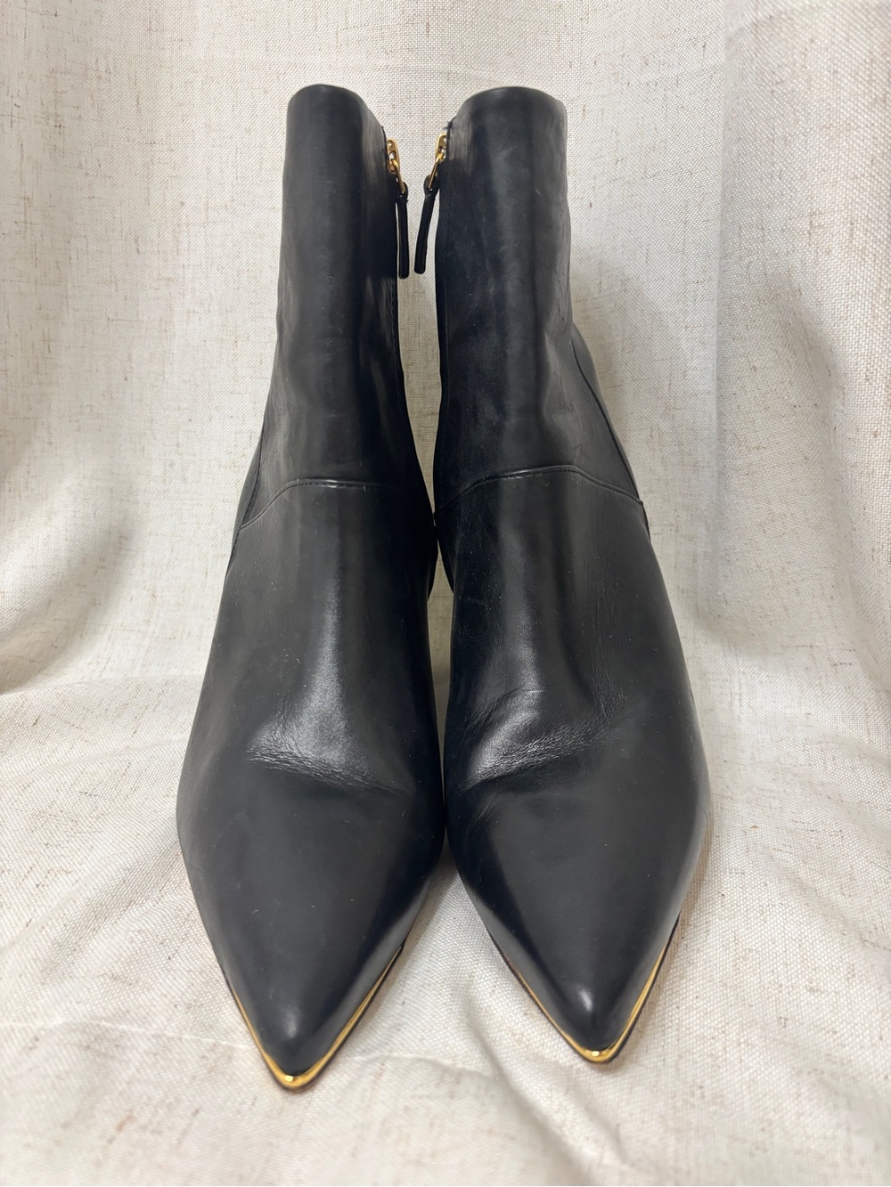 Tory Burch Women's Black Leather Pointed Toe Ankle Boots with Gold Trim